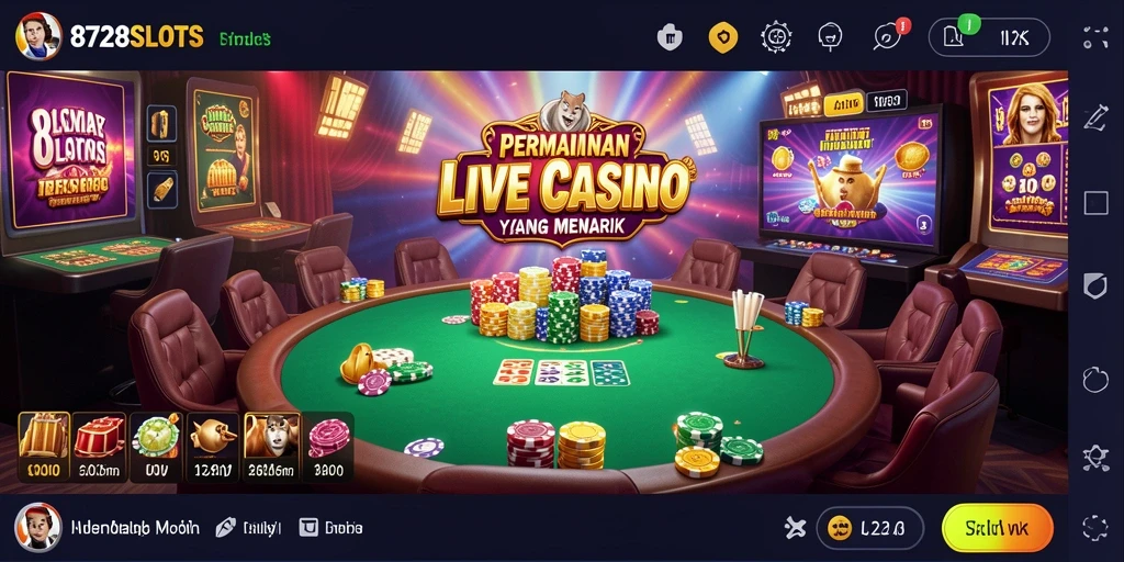 Screenshot 8728SLOTS menampilkan dealer langsung dan suasana permainan Live Casino.
