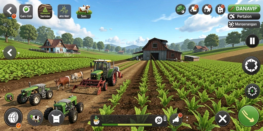 Tampilan gameplay seru dalam DANAVIP dengan aktivitas bertani.