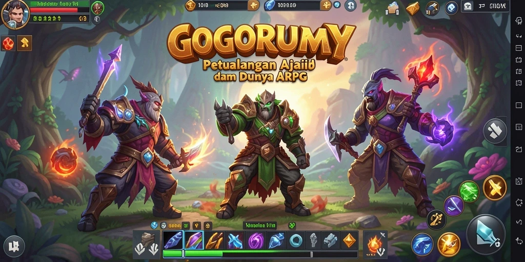 Screenshot dari gameplay GOGORUMMY menampilkan pertarungan epik di dunia fantasi.