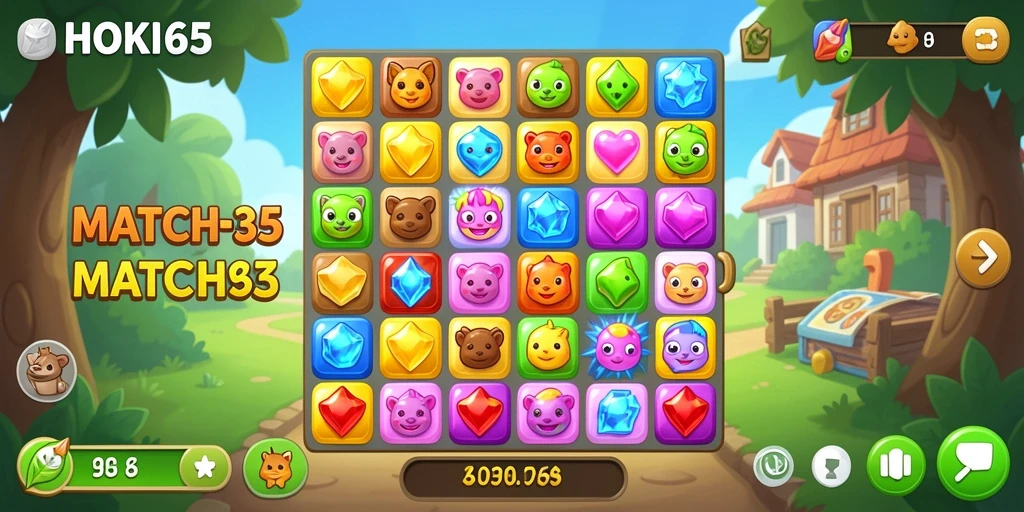Screenshot HOKI65 menampilkan gameplay seru permainan match-3.