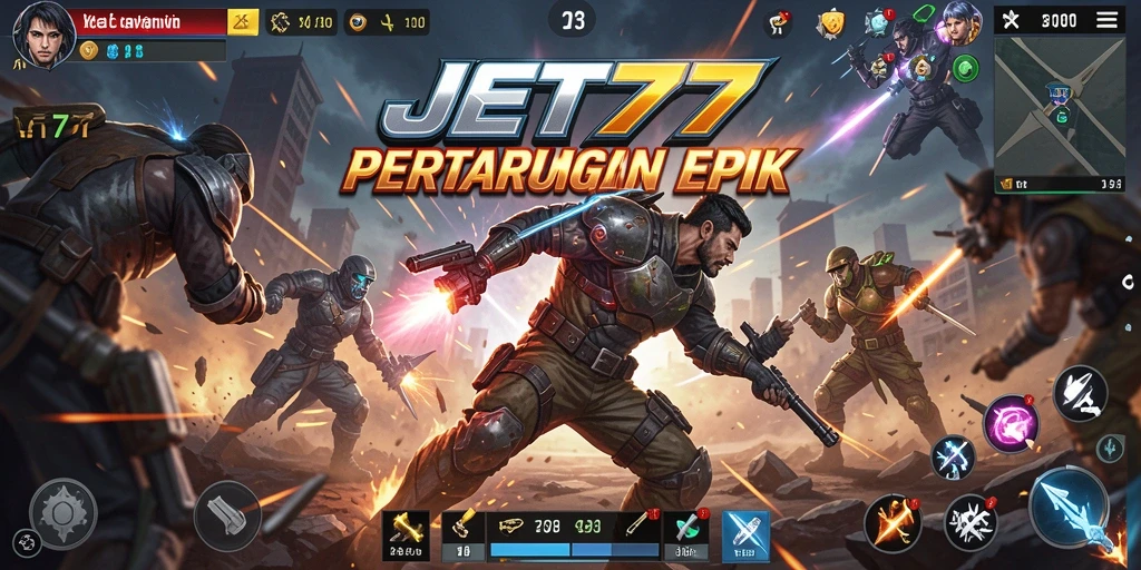 Tangkapan layar gameplay JET77 dengan karakter bertarung penuh aksi.