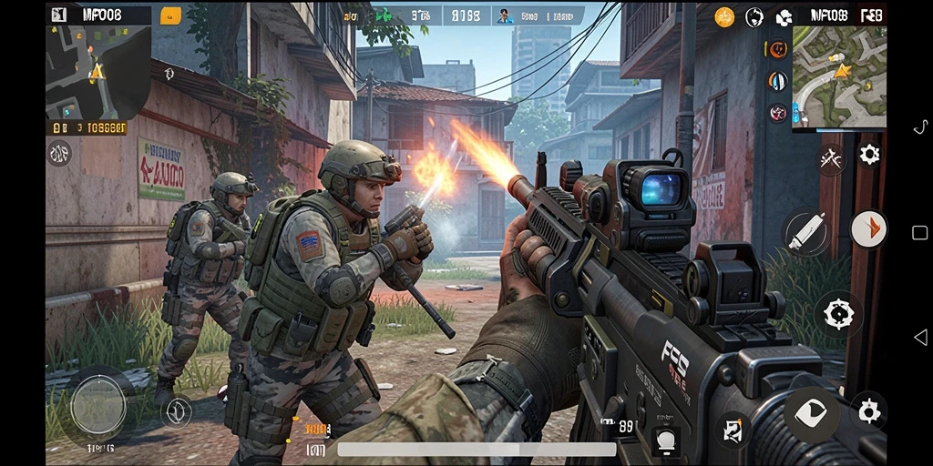 Gambar layar utama MPO08 menunjukkan aksi seru dalam permainan FPS.