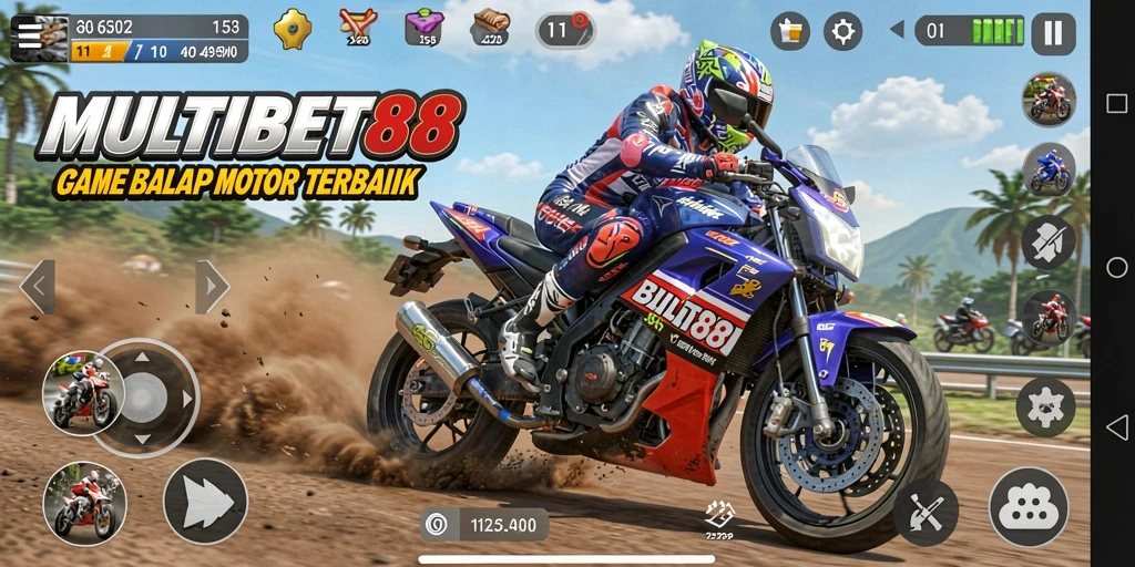Tampilan gameplay mendebarkan dalam MULTIBET88 dengan aksi balap motor yang intens.