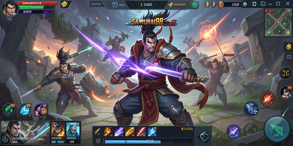 Tangkapan layar gameplay <strong>SAMURAI88</strong> menampilkan pertempuran seru antar karakter.