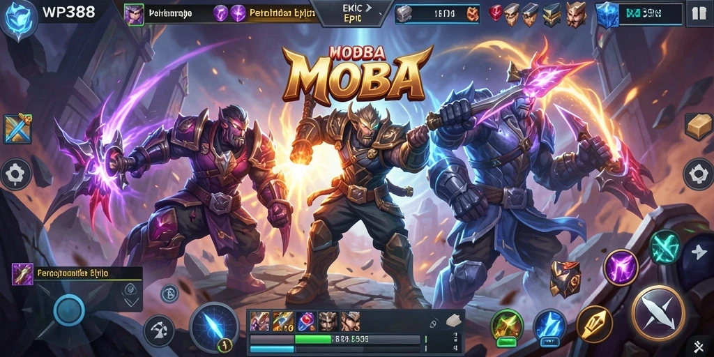 Tangkapan layar utama WP888 menampilkan aksi pertempuran seru dalam game MOBA.